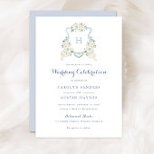 Dusty Blue Floral Greenery Monogram Crest Wedding Kaart