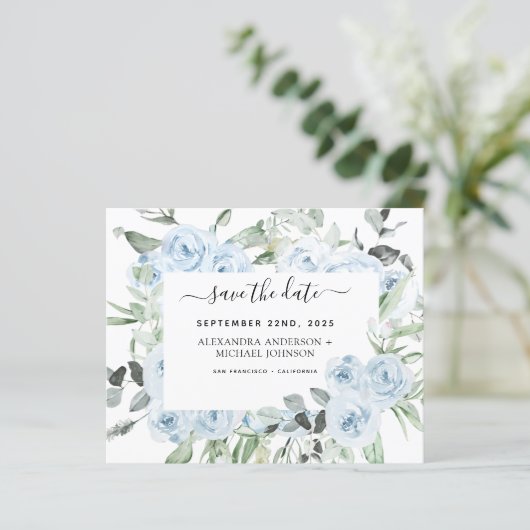 Dusty Blue Floral Greenery Save the Date Invitati (Staand voorkant)