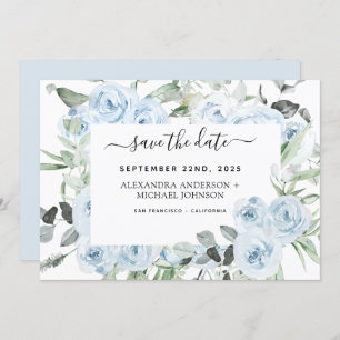 Dusty Blue Floral Greenery Save the Date Kaart