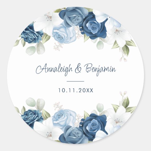Dusty Blue Floral Greenery Script Wedding Ronde Sticker (Voorkant)
