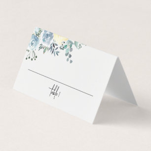 Dusty Blue Floral Greenery Wedding Place Card Kaart