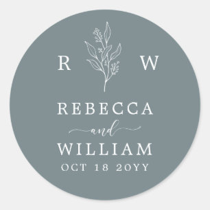 Dusty Blue Floral Handgeschreven Script Wedding Na Ronde Sticker
