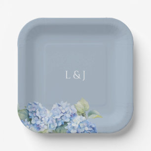 Dusty Blue Floral Hydrangea Initialen Bruiloft Papieren Bordje