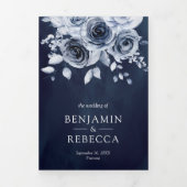 Dusty Blue Floral in één QR Code Navy Weddenschap Drieluik Uitnodiging (Cover)