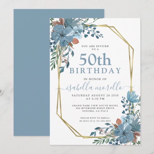Dusty Blue Floral Invitation 50e anniversaire (Devant / Derrière)