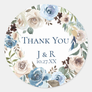 Dusty Blue Floral krans gepersonaliseerde gunst Ronde Sticker