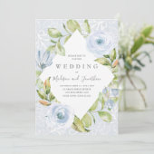 Dusty Blue Floral Lace Wedding Invitation Kaart (Staand voorkant)
