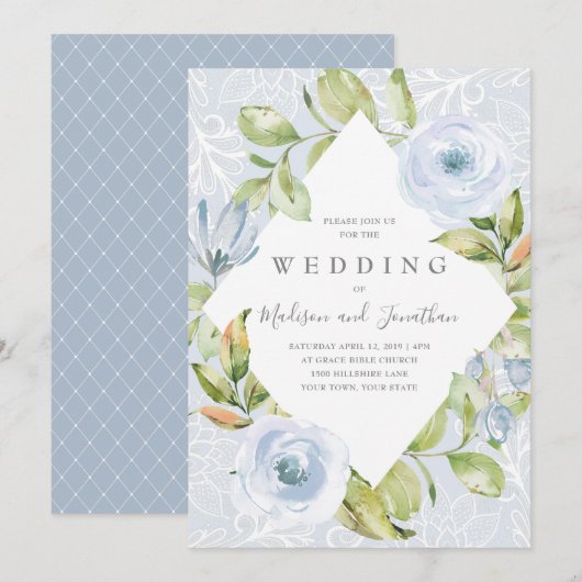 Dusty Blue Floral Lace Wedding Invitation Kaart (Voorkant / Achterkant)