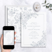 Dusty Blue Floral Line Art Script Weddenschap Kaart