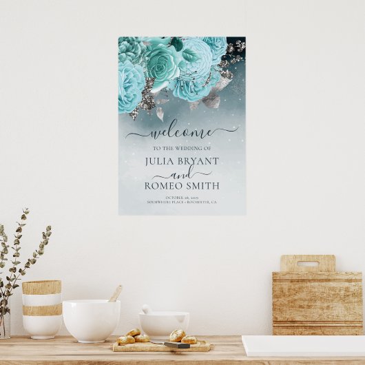 Dusty Blue Floral Mariage Affiche de bienvenue (Cuisine)