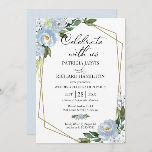 Dusty Blue Floral Mariage Réception Invitation (Devant / Derrière)