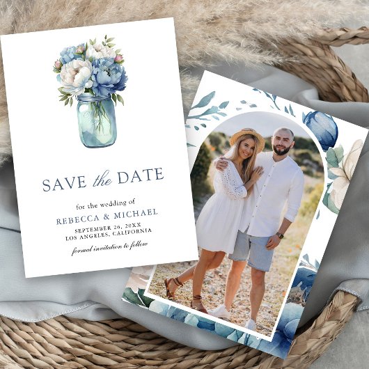 Dusty Blue Floral Mason Jar foto bruiloft Save The Date