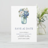 Dusty Blue Floral Mason Jar foto bruiloft Save The Date (Staand voorkant)