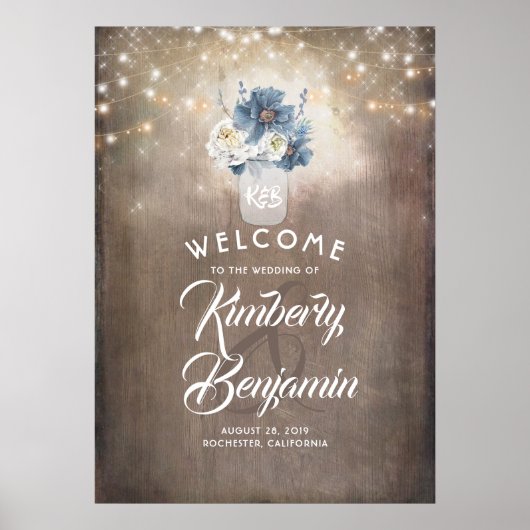 Dusty Blue Floral Mason Jar Wedding Welcome Sign Poster (Voorkant)
