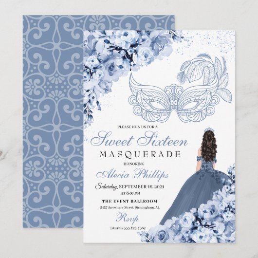 Dusty Blue Floral Masquerade Sweet 16 Invitation (Devant / Derrière)