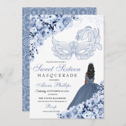 Dusty Blue Floral Masquerade Sweet 16 Invitation (Devant / Derrière)