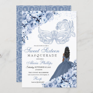 Dusty Blue Floral Masquerade Sweet 16 Uitnodiging