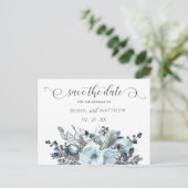 Dusty Blue Floral, Modern Script, Save the Date Aankondigingskaart (Staand voorkant)