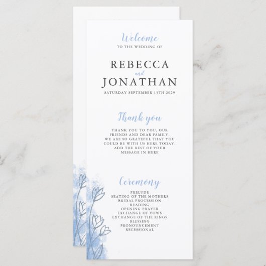 Dusty Blue Floral Modern Wedding Program Card (Voorkant / Achterkant)