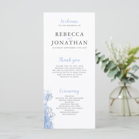 Dusty Blue Floral Moderne Mariage Carte programme (Debout devant)
