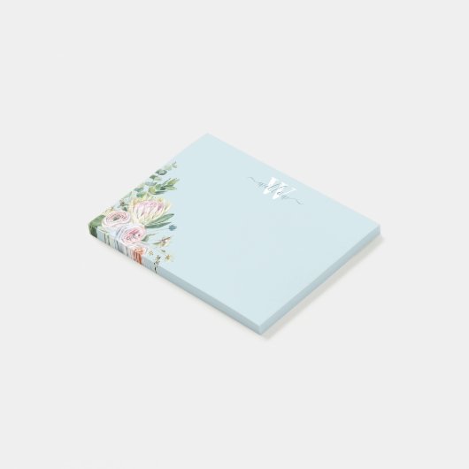 Dusty Blue Floral Monogram Greenery Post-it Notes (Schuin)
