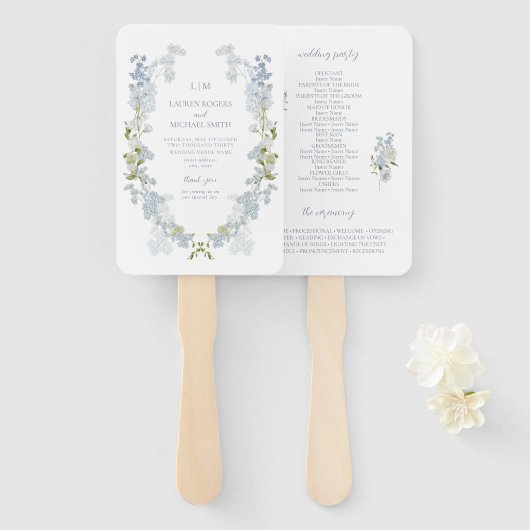  Dusty Blue Floral Monogram Trouwprogramma Handwaaier (Voorkant en achterkant)
