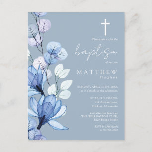 Dusty Blue Floral Monogramme Baptême Invitation