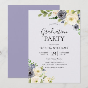 Dusty Blue Floral Navy Graduation Party Kaart