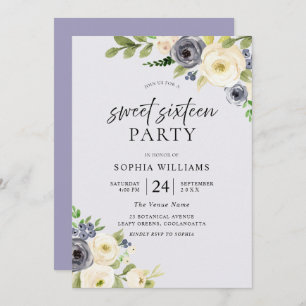 Dusty Blue Floral Navy Sweet 16 Party Kaart