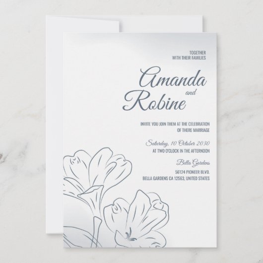 Dusty Blue Floral Outline Huwelijksuitnodiging Kaart (Voorkant)