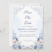 Dusty Blue Floral Photo Save the Date (Devant)