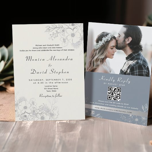 Dusty Blue Floral QR All-in-One Wedding Invitation