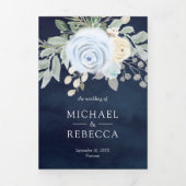 Dusty Blue Floral QR Code Navy Wedding Drieluik Uitnodiging (Cover)