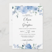 Dusty Blue Floral QR Code RSVP in één bruiloft Kaart (Voorkant / Achterkant)