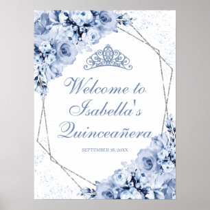 Dusty Blue Floral Quinceanera Affiche de bienvenue