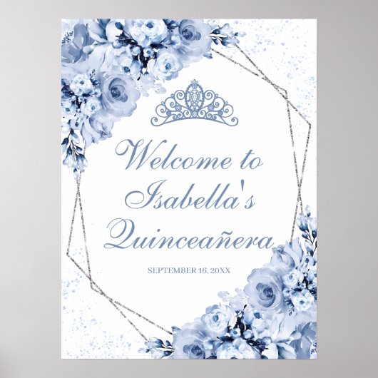 Dusty Blue Floral Quinceanera Affiche de bienvenue (Devant)