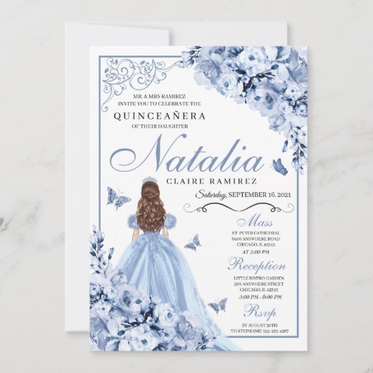 Dusty Blue Floral Quinceanera Birthday Uitnodiging (Voorkant)