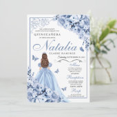 Dusty Blue Floral Quinceanera Birthday Uitnodiging (Staand voorkant)