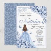 Dusty Blue Floral Quinceanera Birthday Uitnodiging (Voorkant / Achterkant)