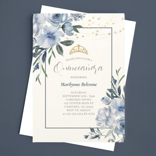 Dusty Blue Floral Quinceañera Invitation