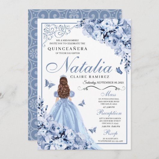 Dusty Blue Floral Quinceanera Invitation Anniversa (Devant / Derrière)