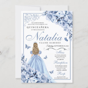 Dusty Blue Floral Quinceanera Invitation Anniversa
