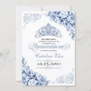 Dusty Blue Floral Quinceanera Invitation Anniversa