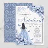 Dusty Blue Floral Quinceanera Invitation Anniversa (Devant / Derrière)