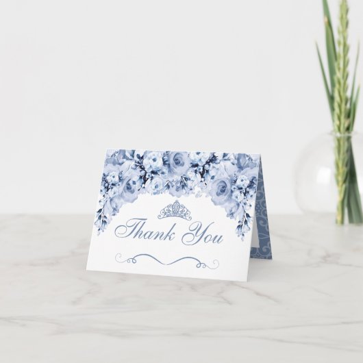 Dusty Blue Floral Quinceanera Merci Invitation (Devant)