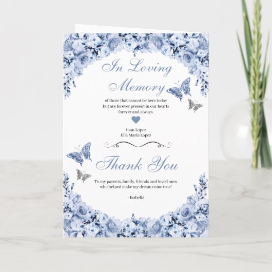 Dusty Blue Floral Quinceanera Tiara Butterflies Programma (Achterkant)