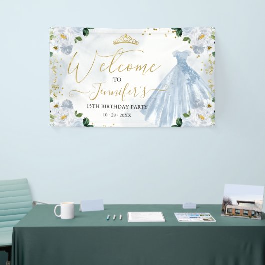 Dusty Blue Floral Quinceanera Welkom Spandoek (Beurs)