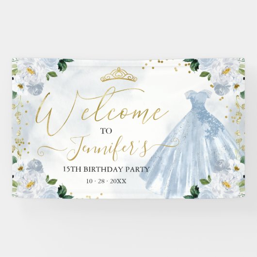Dusty Blue Floral Quinceanera Welkom Spandoek (Horizontaal)