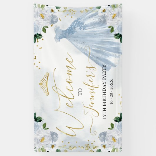 Dusty Blue Floral Quinceanera Welkom Spandoek (Verticaal)