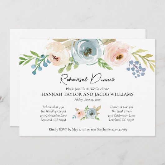 Dusty Blue Floral Rehearer Dîner Invitation (Devant / Derrière)
